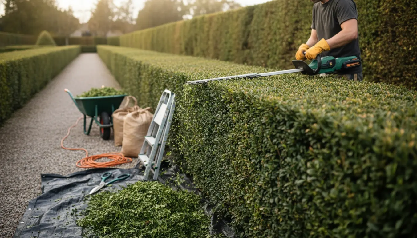 En person klipper en lang hæk til 180 cm højde med en elektrisk hækklipper, med afklip samlet ved siden af.