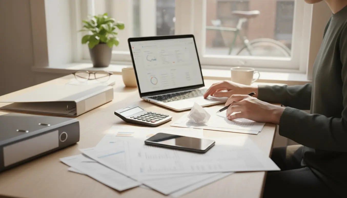 Arbejdsbord med bærbar, kvitteringer og smartphone til digital bogføring, hænder i arbejde.