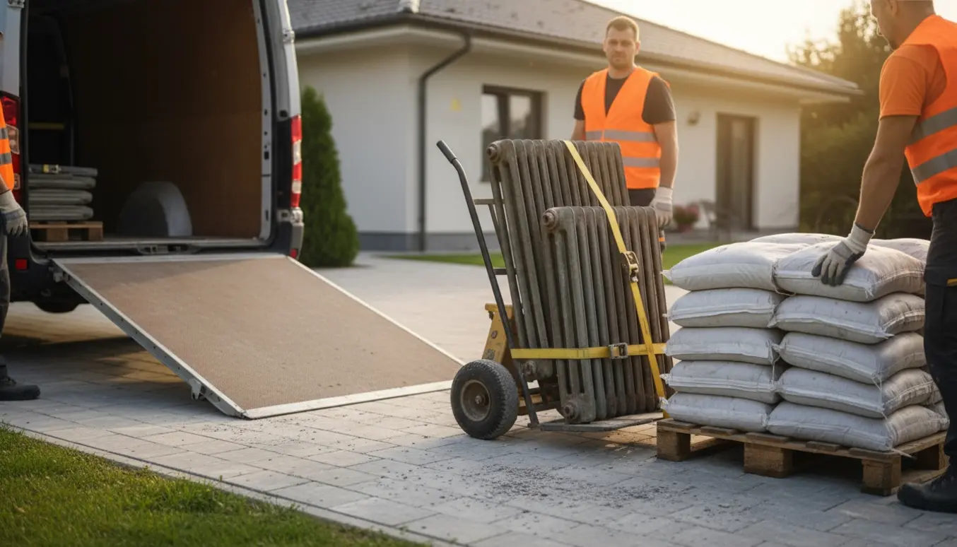 To tunge radiatorer på en håndtruck foran en stueetages villa og 25 stablede sække med betonaffald klar til afhentning.