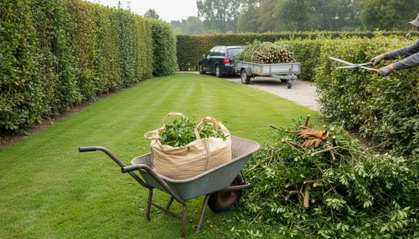 Trillebør med big bag fyldt med nyklippede hækafklip ved en lang ligusterhæk og en trailer i baggrunden.