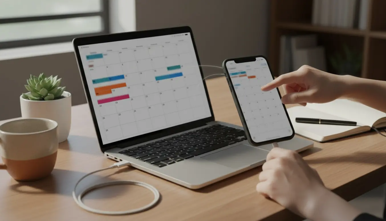 iPhone og bærbar computer på et ryddeligt skrivebord med kalenderapps, der synkroniseres.