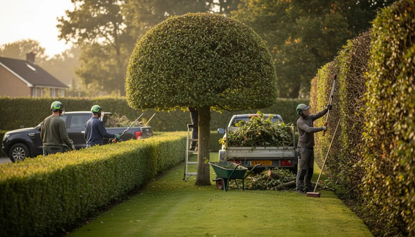 Gartnere klipper og læsser beskårne bøgehække, tjørnehæk og et kugleformet træ i en trailer.