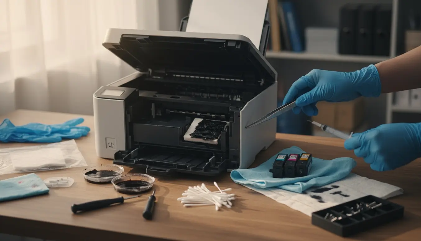 Nærbillede af en åben inkjet-printer på værksted, hvor handskerede hænder udskifter en gennemblødt blækabsorberende pude med værktøj lagt pænt omkring.