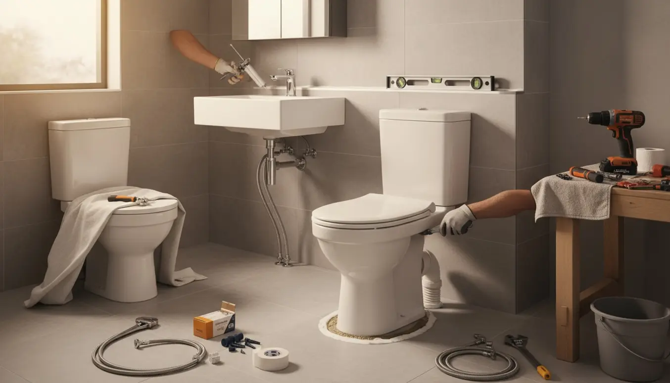 Håndværker installerer nyt toilet (S‑lås), væghængt vask og skabsspejl i et lyst badeværelse.