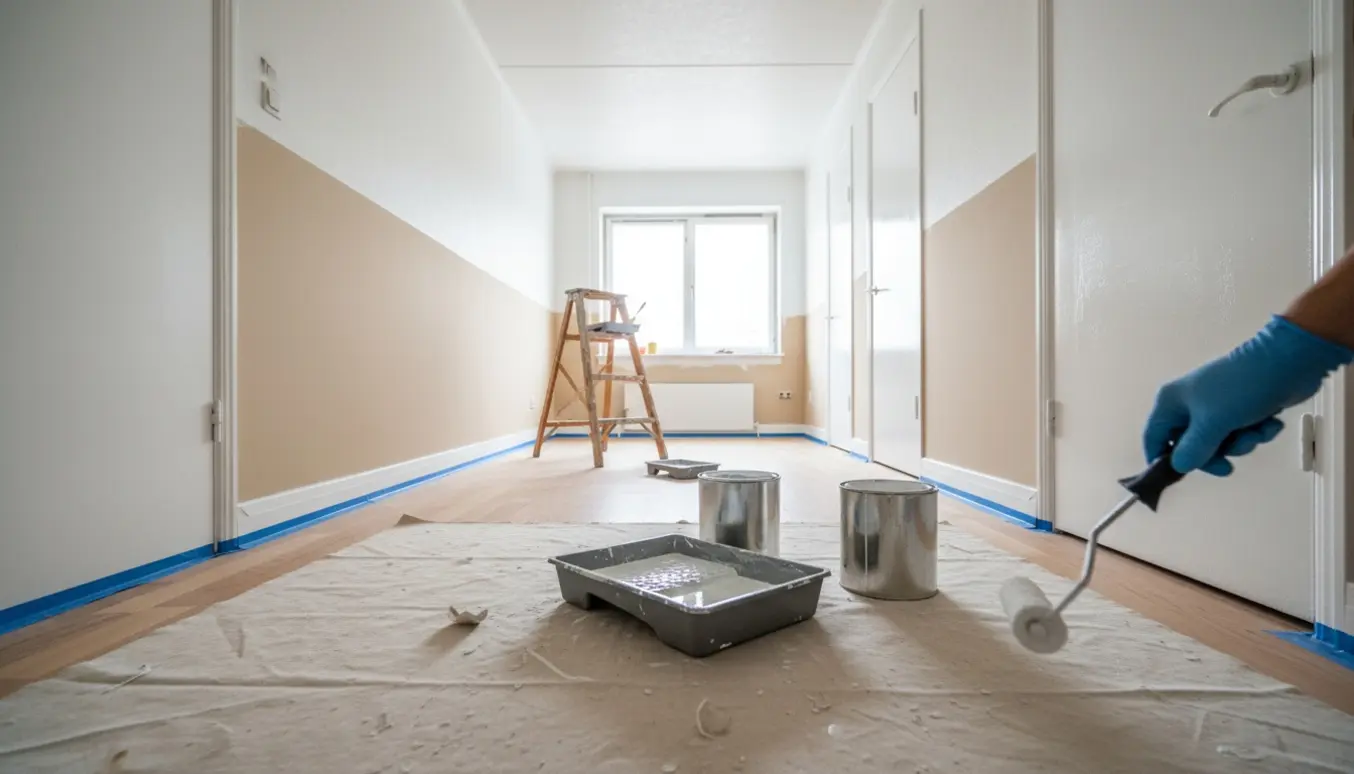 Hænder maler dørkarm og vægge i en lejlighedsgang med malerbøtter og afdækningsdug.