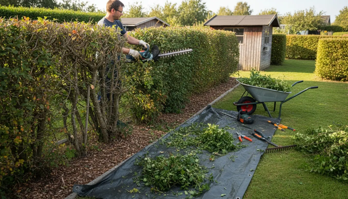 En person trimmer og fjerner en tjørnehæk i en kolonihave, med afklip samlet på en presenning ved fliskanten.