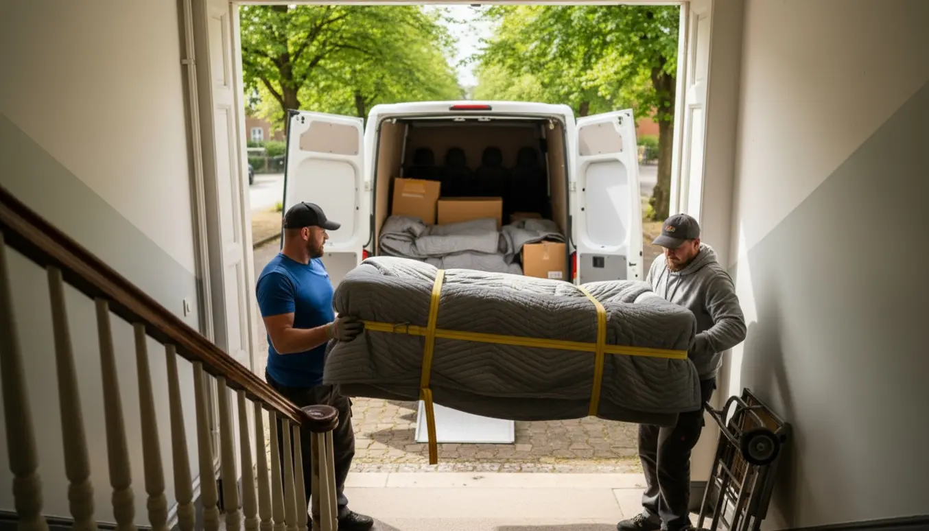 To flyttefolk læsser en beskyttet sofa fra en Frederiksberg-opgang ind i en flyttevogn.