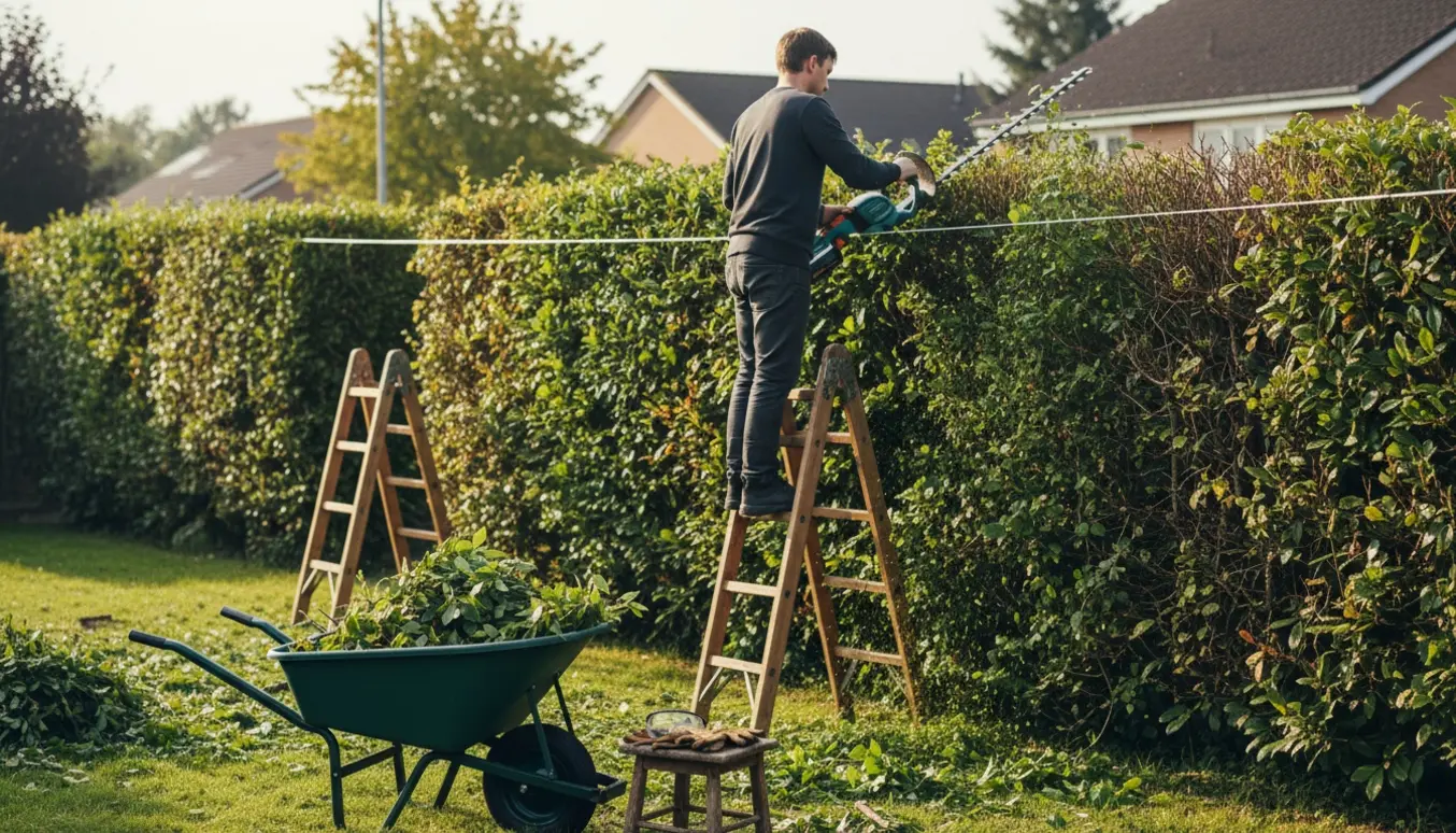 Lang havehæk klippes ned med wienerstiger og en lang hækkeklipper, afklip samlet i en trillebør.