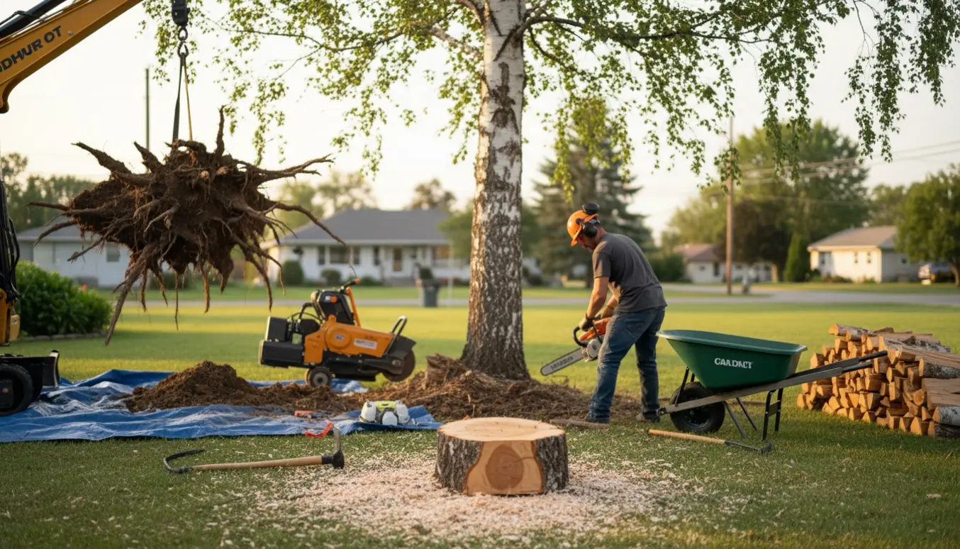 Birketræ fældes i forhaven med rodfjernelse og stablet brænde ved siden af.