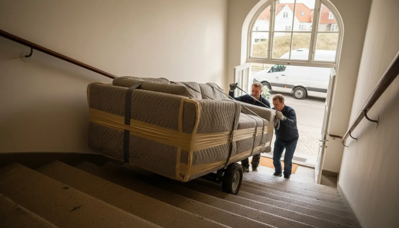 Stor 3x3 m hjørnesofa bæres ned ad opgang fra 5. sal pakket i tæpper og stropper, klar til at blive læsset i flyttebil.