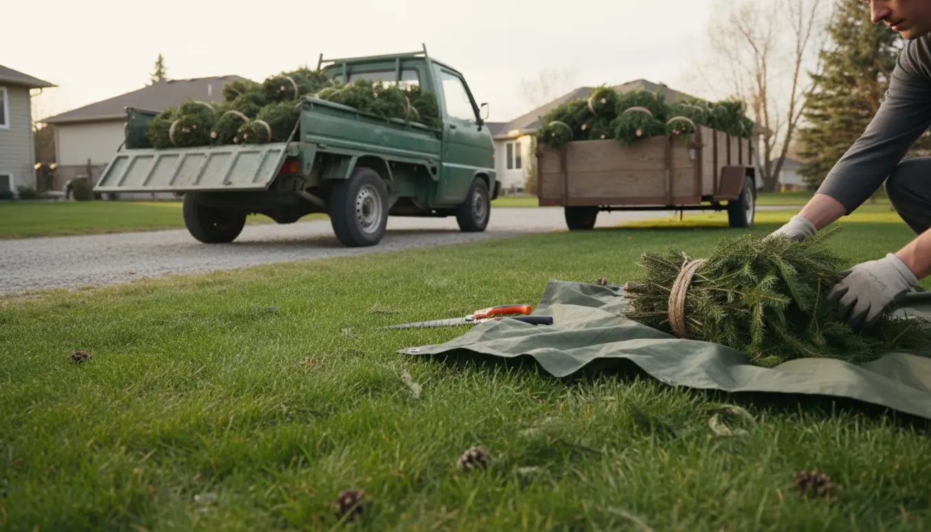 Glæder læsser afskårne grangrene i ladbil og trailer med bundter og haveværktøj i forgrunden.