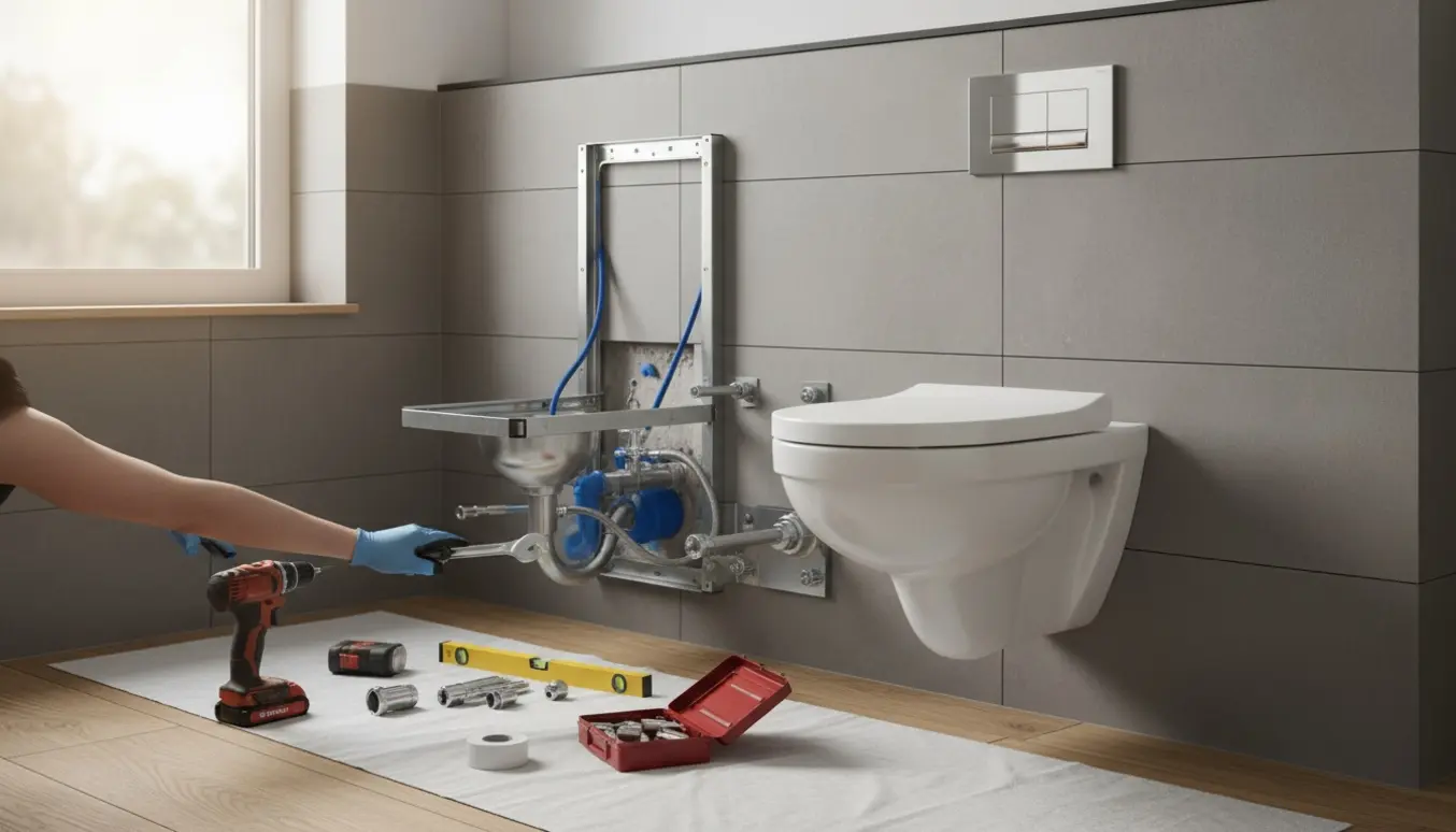 Håndværker monterer to væghængte toiletter med synlig monteringsramme og værktøj i et badeværelse.