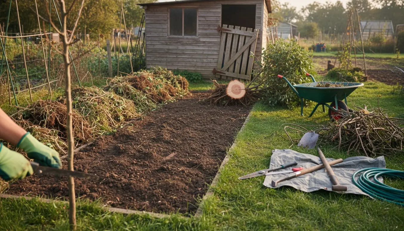 Kolonihave under oprydning med løs trædør, ryddet jordstribe, fældet lille træ og haveredskaber.