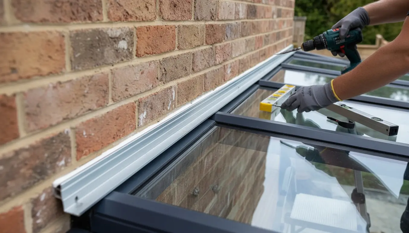 Håndværker monterer metalinddækning og fuge langs samlingen mellem mur og udestuetag.