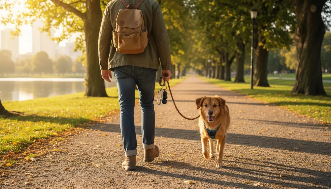 En person uden synligt ansigt går tur med en hund i en soloplyst park med snor, vandflaske og træer.