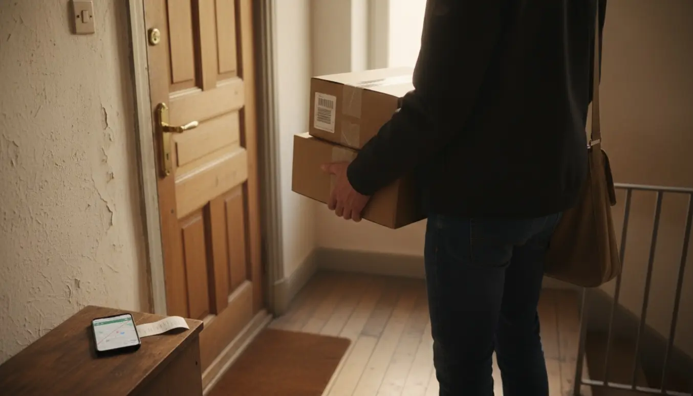 En leveringsperson afleverer to pakker ved en lejlighedsdør, kun hænder og pakker i fokus.