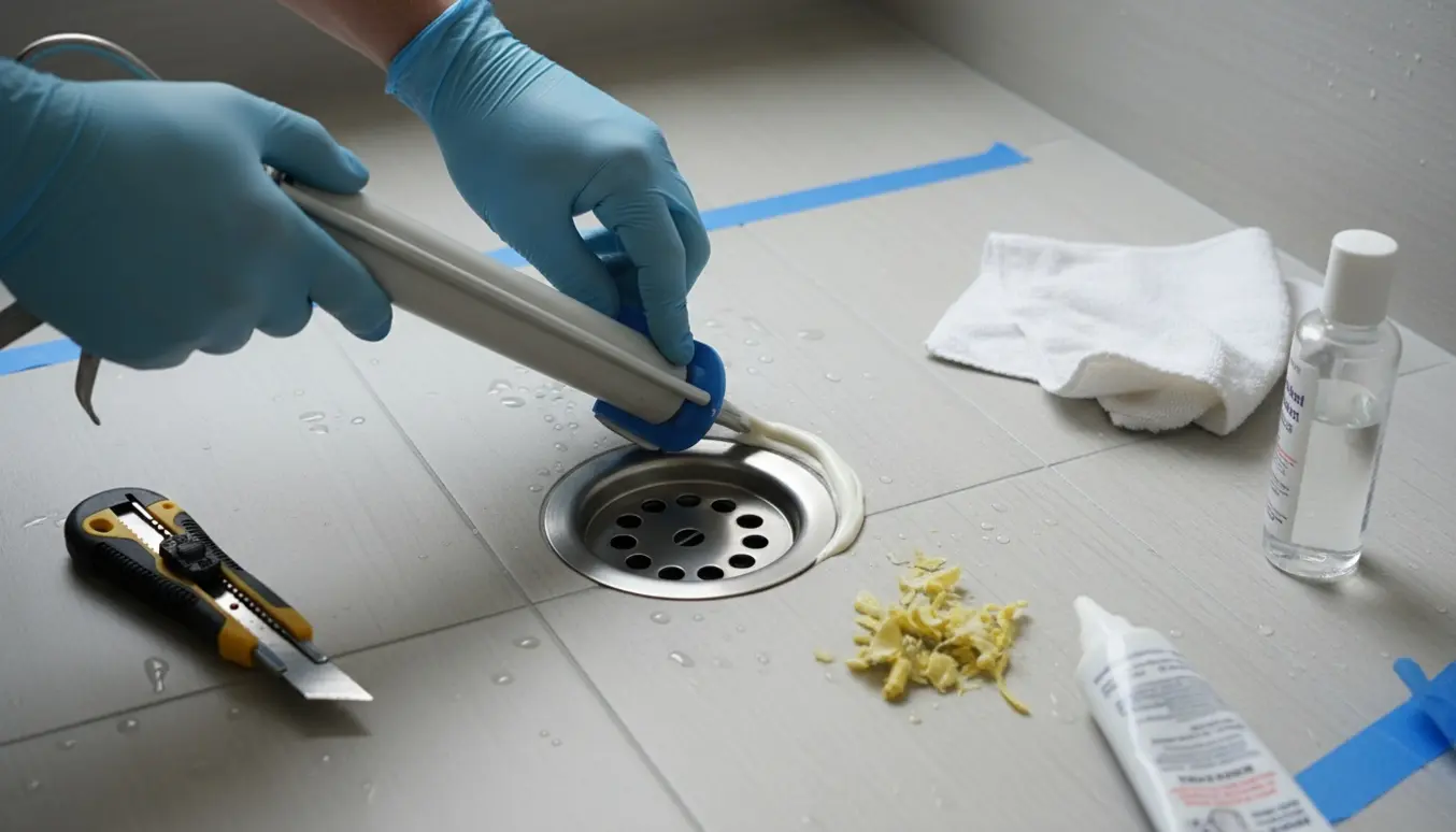 Nærbillede af hænder, der lægger ny silikonefuge omkring et kromafløb i et badeværelse.