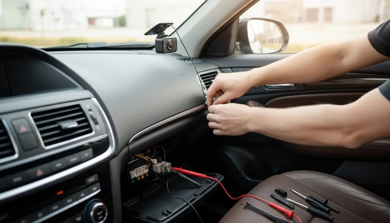 Montering af for- og bagdashcam i bil med kabler, værktøj og hænder, der fører ledning til sikringsboksen.