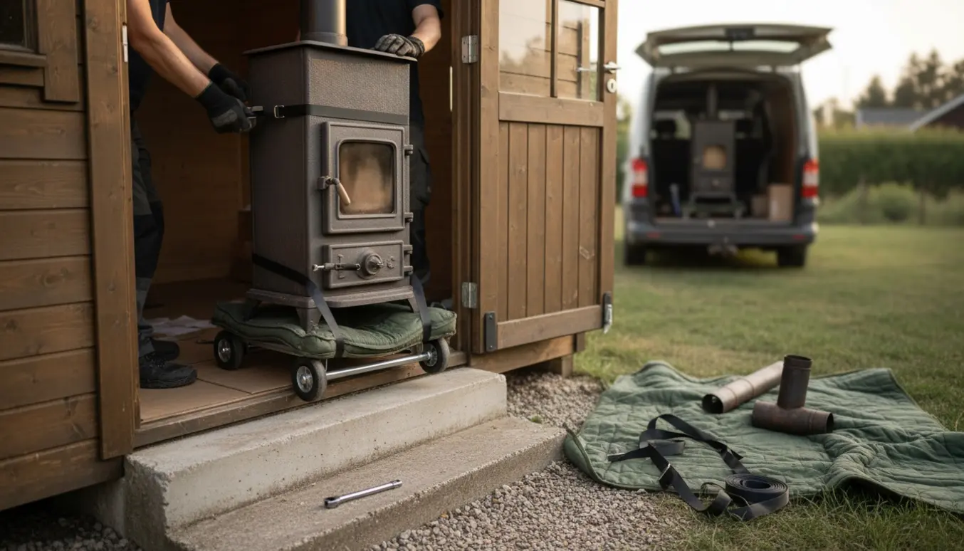 Brændeovn pakket og fastspændt på dolly ved indgang til et étplans sommerhus, klar til afhentning.