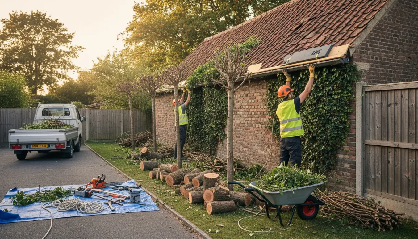 Baghaveoprydning med fældede småtræer og stablede stammer klar til afhentning, mens efeu fjernes fra mur og tag.