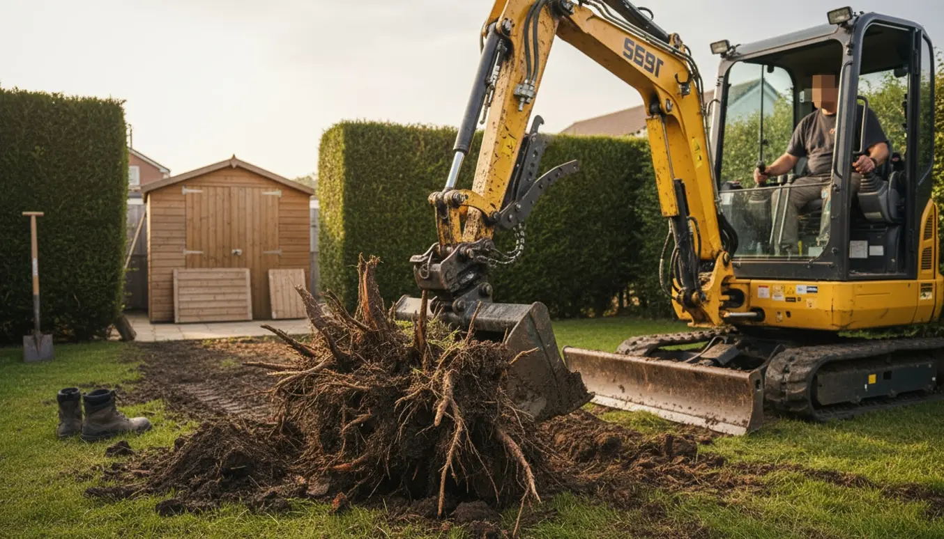 Mini-graver trækker en rodstump på cirka 1 m op fra en have med en åbning i hækken til maskinadgang.