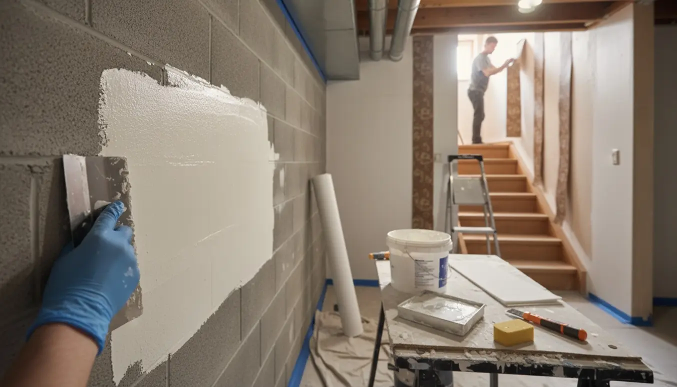 Spartling og opsætning af vægfilt i en kælder med ruller af filt og delvist afrevet tapet i trappeopgangen.
