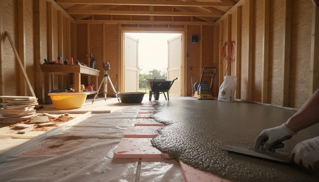 Skurinteriør med isoleringsplader og nyudstøbt beton, hånd glatter gulvet med murske.