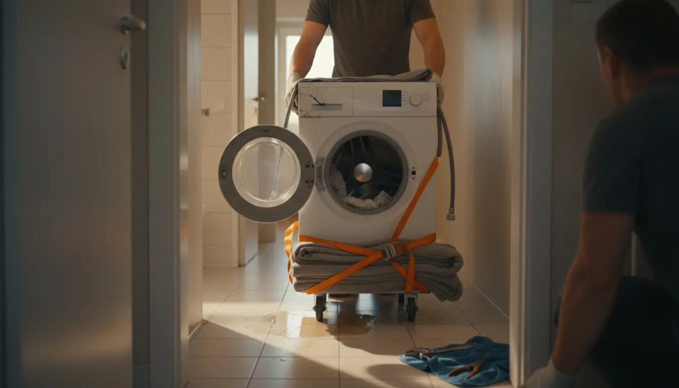 En defekt vaskemaskine på en tralle bæres ud af et lille badeværelse i en stueetagelejlighed.