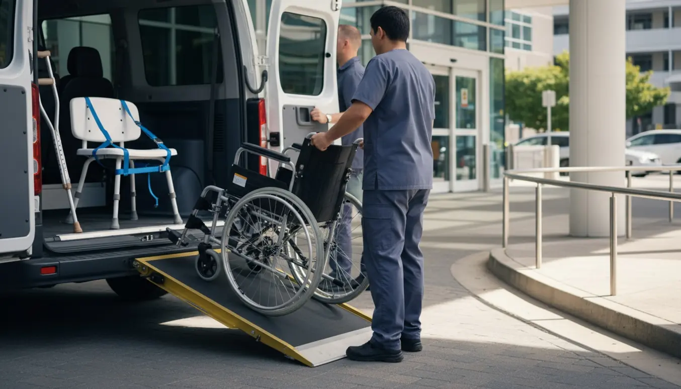 En hjælper læsser en kørestol, en badebænk og en krykke ind i en patienttransportbil udenfor et hospital.