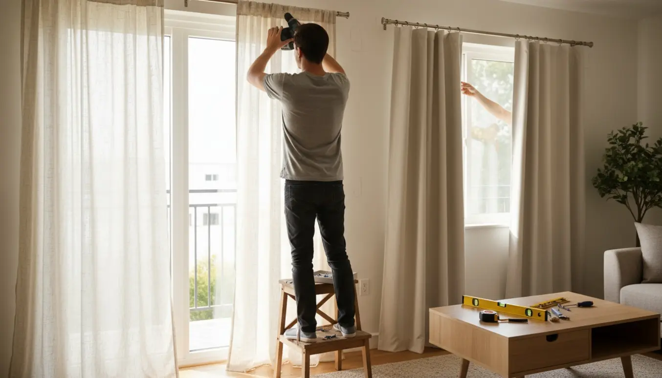 Hænder monterer gardinstang og hænger gardiner ved altandør og stuevindue.