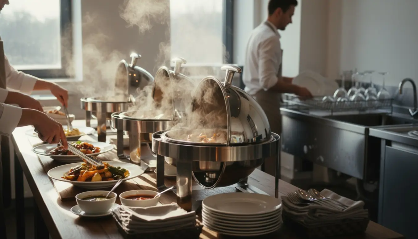 Hænder arrangerer varme retter på en buffet, mens brugte tallerkener læsses i opvasken.