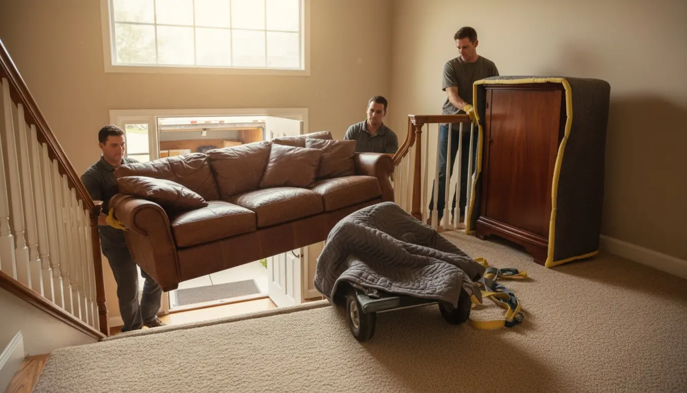 Flyttemænd bærer en lædersofa og et mahognisk hjørneskab ned ad en bred trappe med flyttetæpper og flyttevogn udenfor.