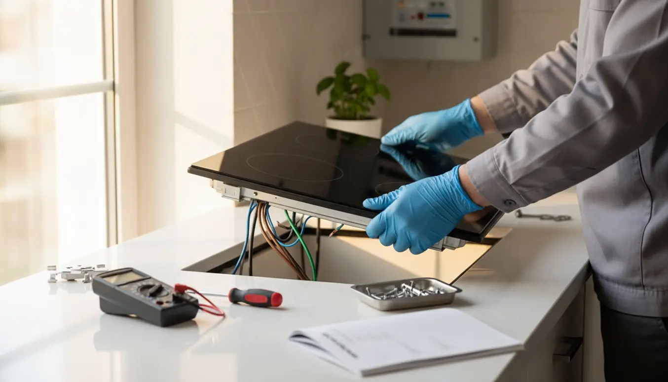 En autoriseret elektriker installerer en ny induktionskogeplade i et moderne køkken, kun hænder og værktøj synlige.