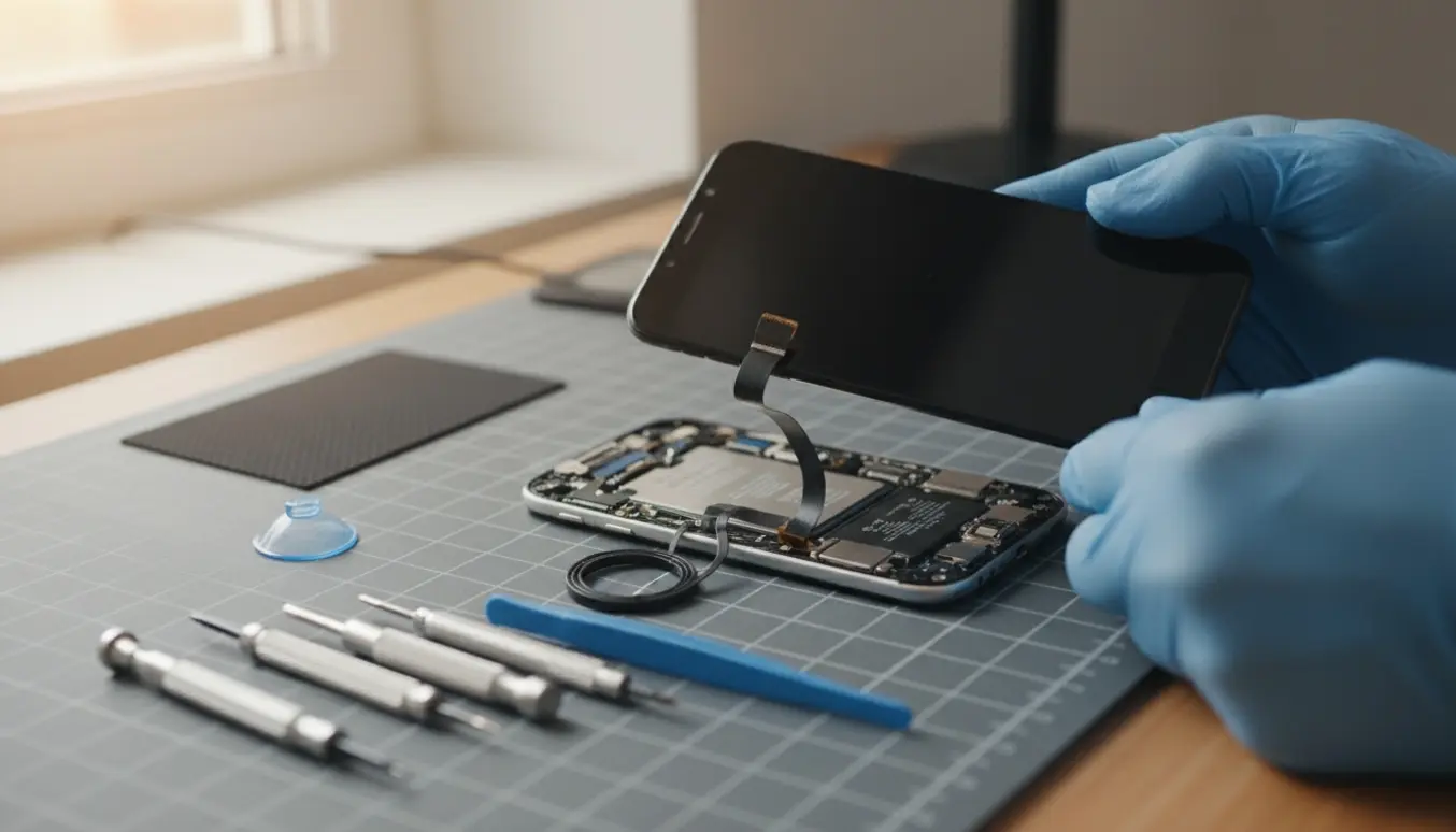 Hænder udskifter frontskærm på en iPhone X ved et ryddeligt reparationsbord med præcisionsværktøj.