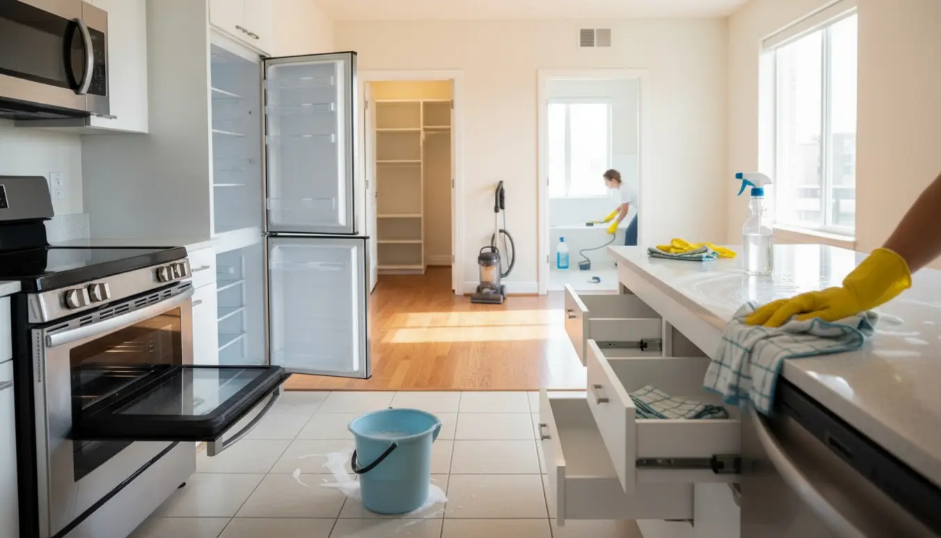 Tomme lejeboligrum under fraflytningsrengøring med åben ovn, rengøringsspand, handsker og vinduespudserudstyr.