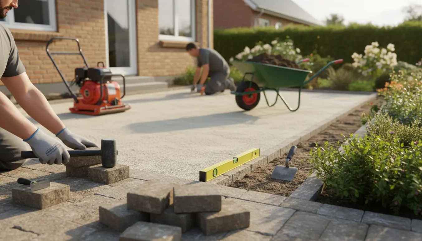 Udlægning af herregårdssten til terrasseforlængelse med stabilgrus og værktøj i haven.