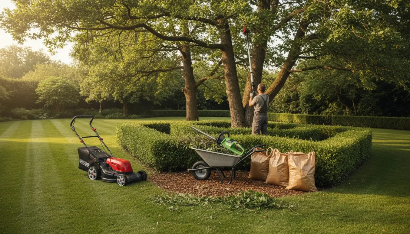 Person trimmer høje træer med teleskopstang, nyslået græs og bunker af grønt affald i haven.