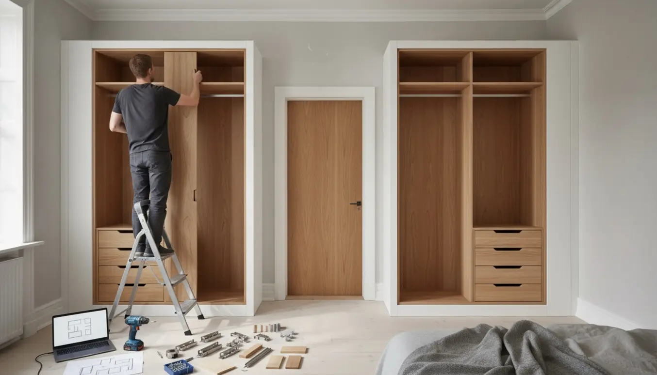 Håndværker fra ryggen installerer et indbygget skab omkring en dør i et soveværelse med værktøj og træprøver.