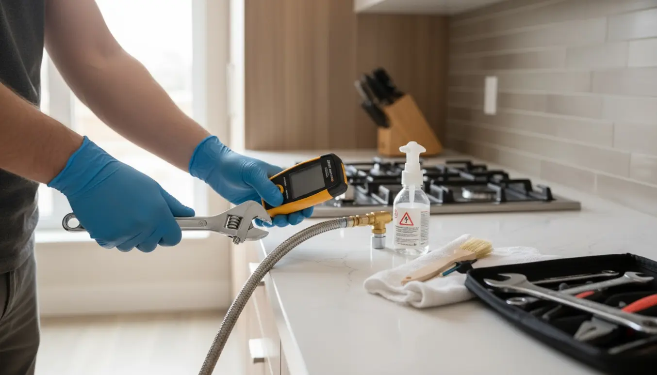 Tekniker foretager sikkerhedstjek af et genmonteret gaskomfur i et lyst, moderne køkken.