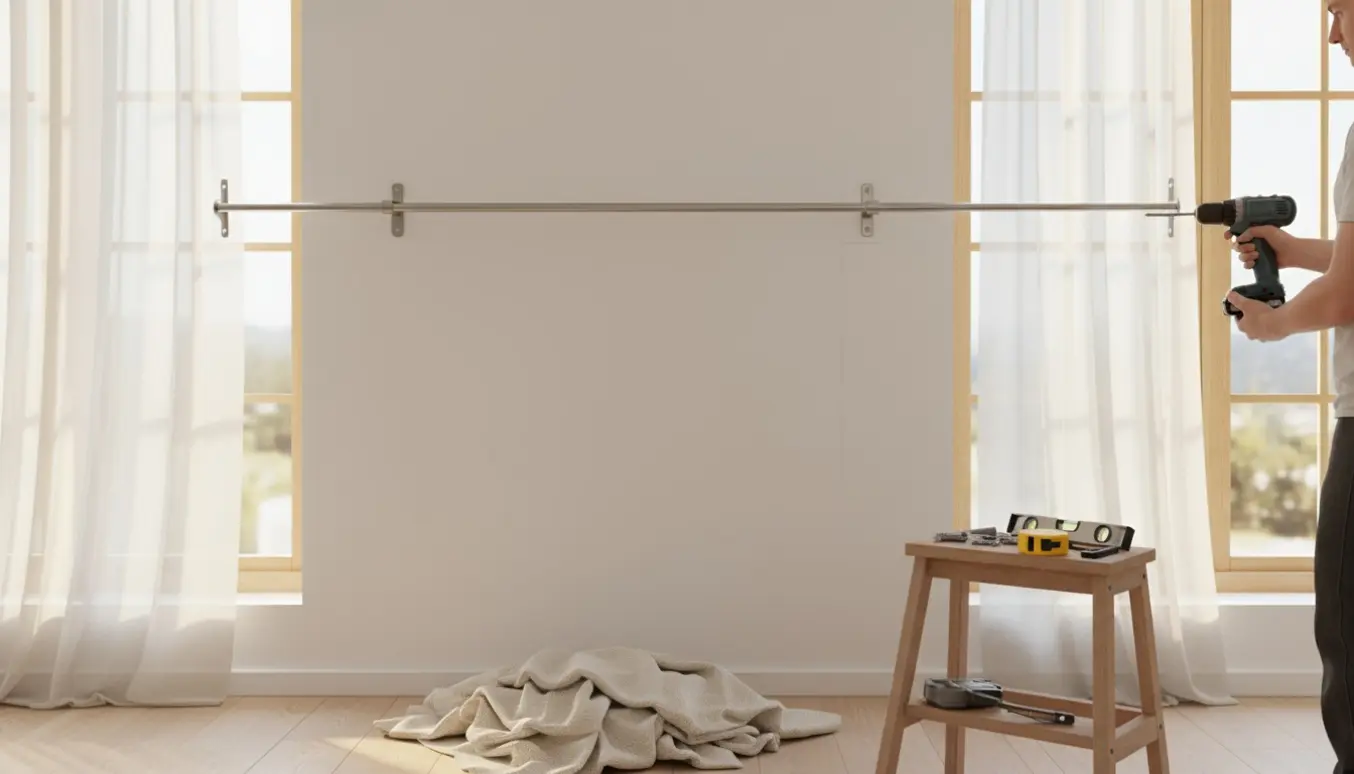 Hænder monterer en 3 meter gardinstang i et lyst, nordisk værelse.