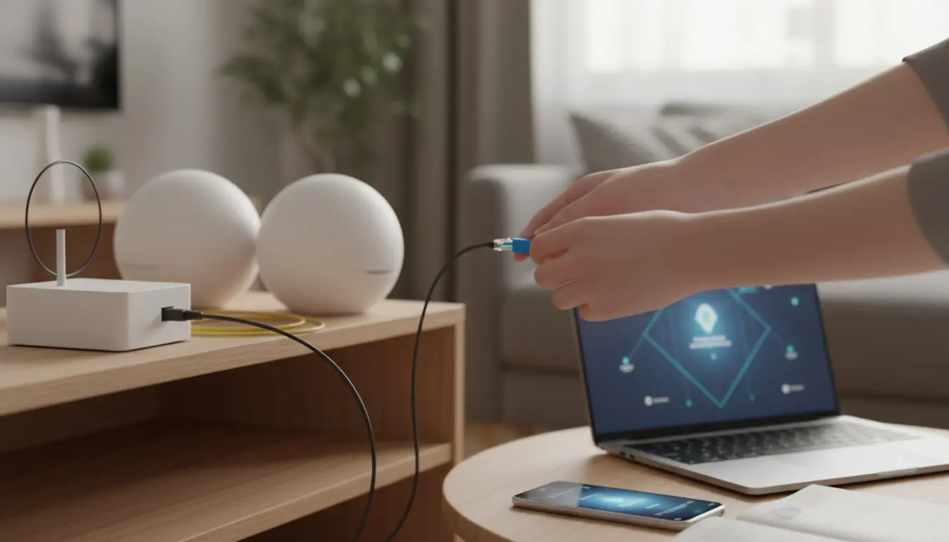 Hænder tilslutter en hvid mesh-router til en fiberboks med en laptop i baggrunden.