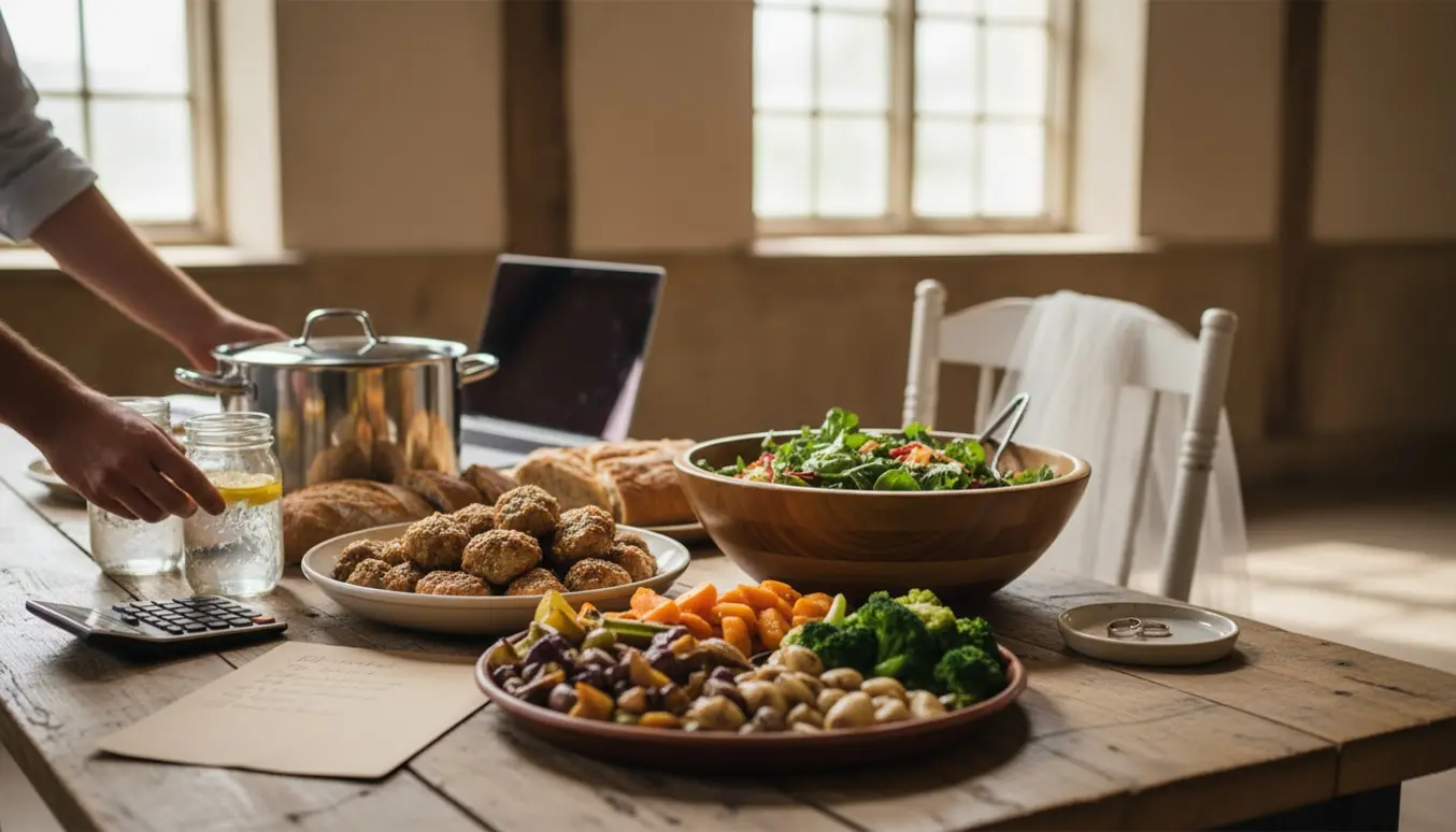 Hænder arrangerer budgetvenlig bryllupsmad på et rustikt bord med enkel pynt og planlægningsmaterialer.
