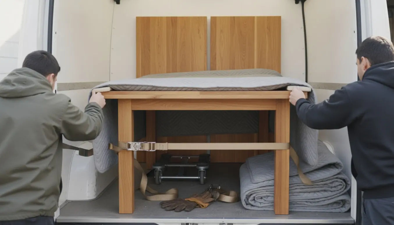 Et teakspisebord pakket og sikret i en flyttevogn klar til transport.