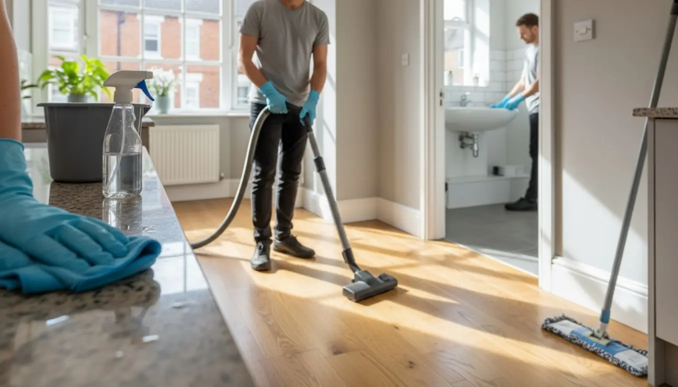 Lys og ryddelig rækkehusstue og badeværelse under rengøring med støvsuger, moppe og aftørring.