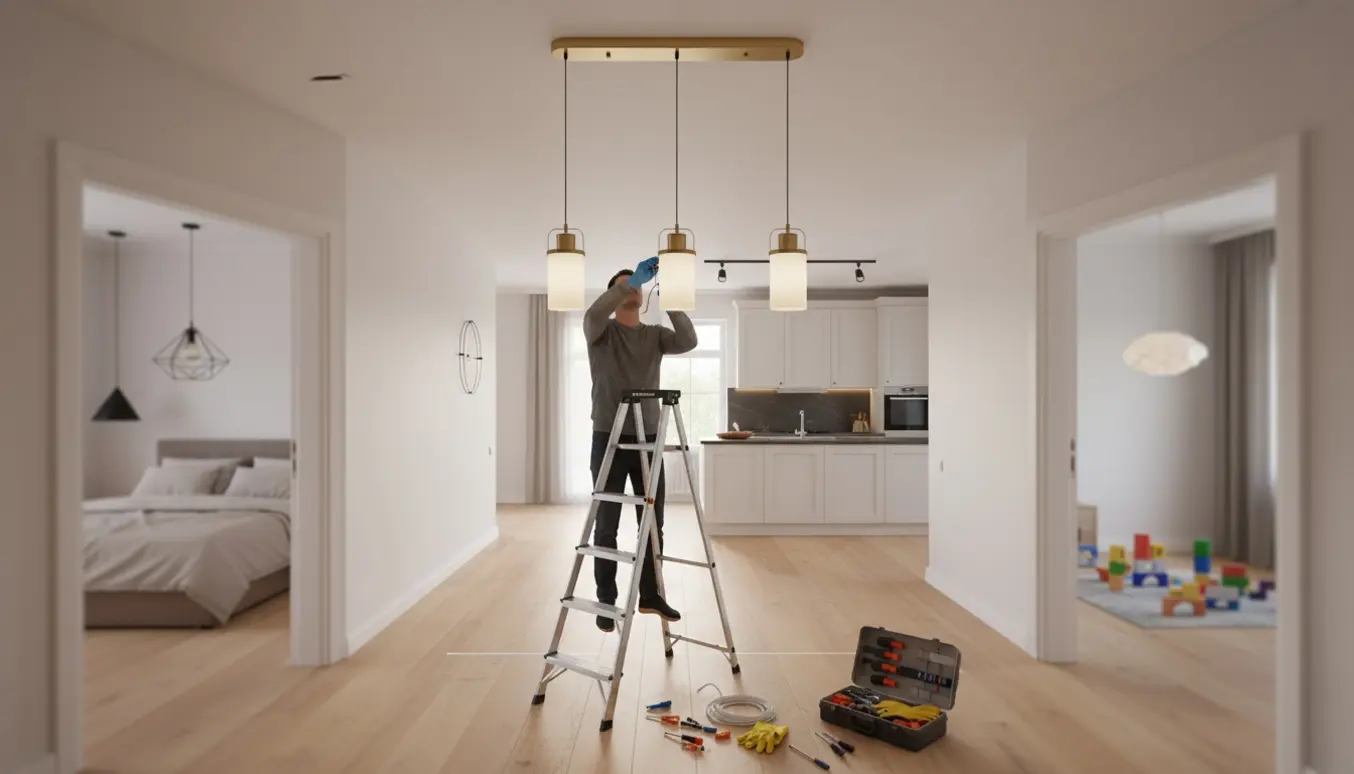 Stepladder i en lys gang mens lamper og spots installeres, med værktøj på gulvet.