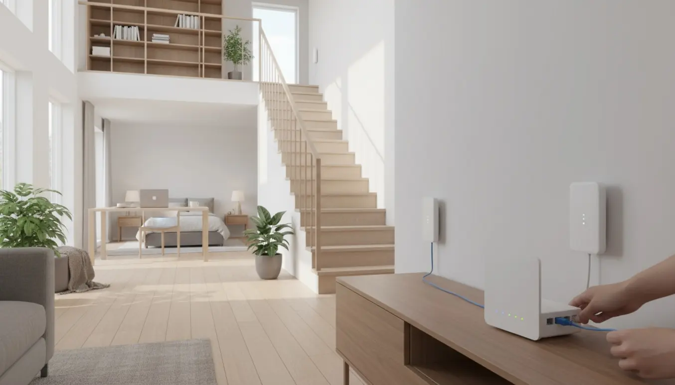 Opsætning af ny router med fire Wi-Fi-forstærkere i et lyst to-etagers hus.