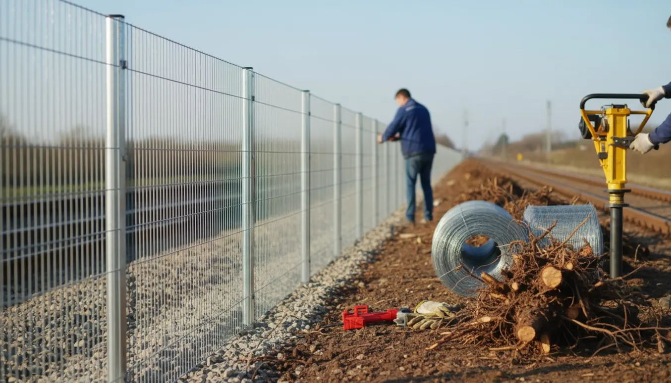 Nyt trådhegn opsat langs banekanten med galvaniseret tråd, metalpæle og værktøj i klart dagslys.