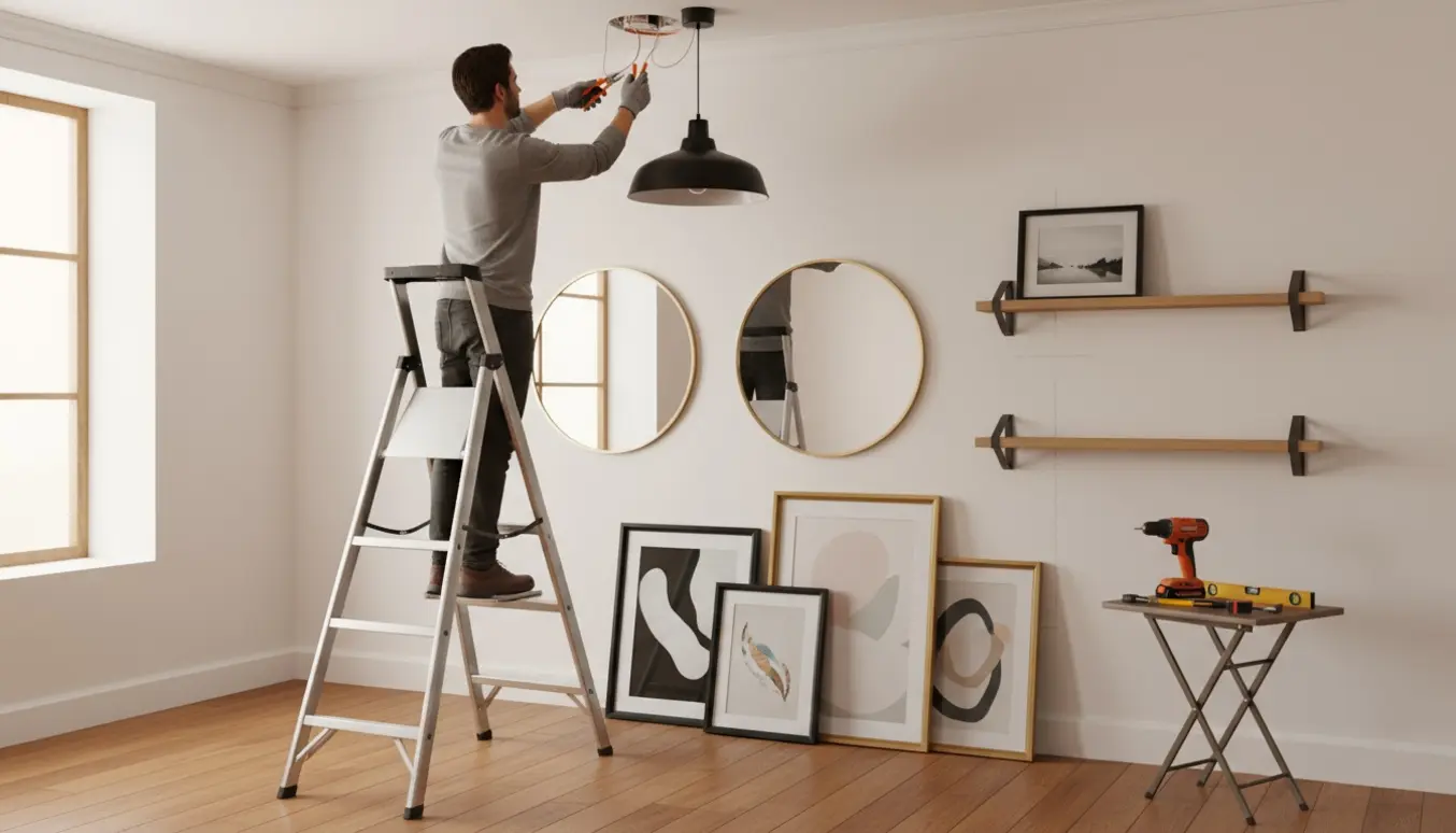 En person på en stige tilslutter en loftslampe mens billeder, spejle og hylder er klar til ophæng.