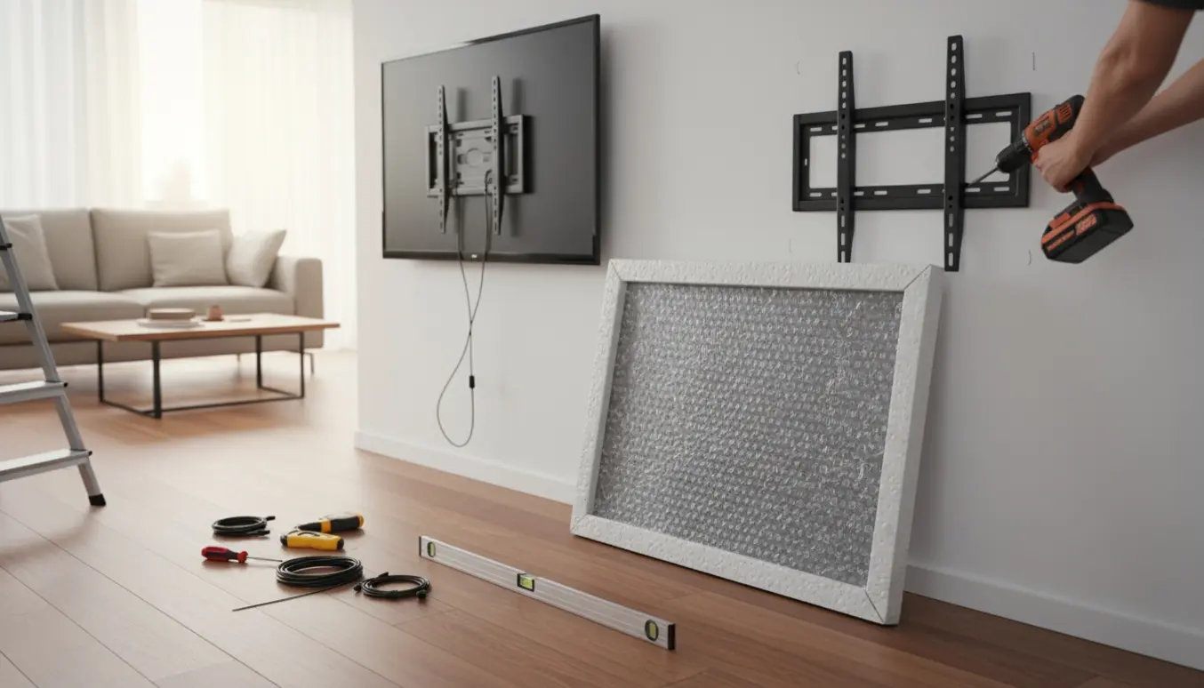 Hænder monterer et nyt tv på en væg i en moderne stue med værktøj og kabler i fokus.