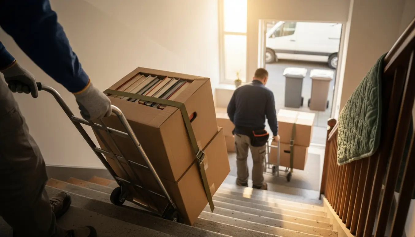 Flere tunge flyttekasser bæres ned ad en trappe mod en varevogn klar til afhentning.